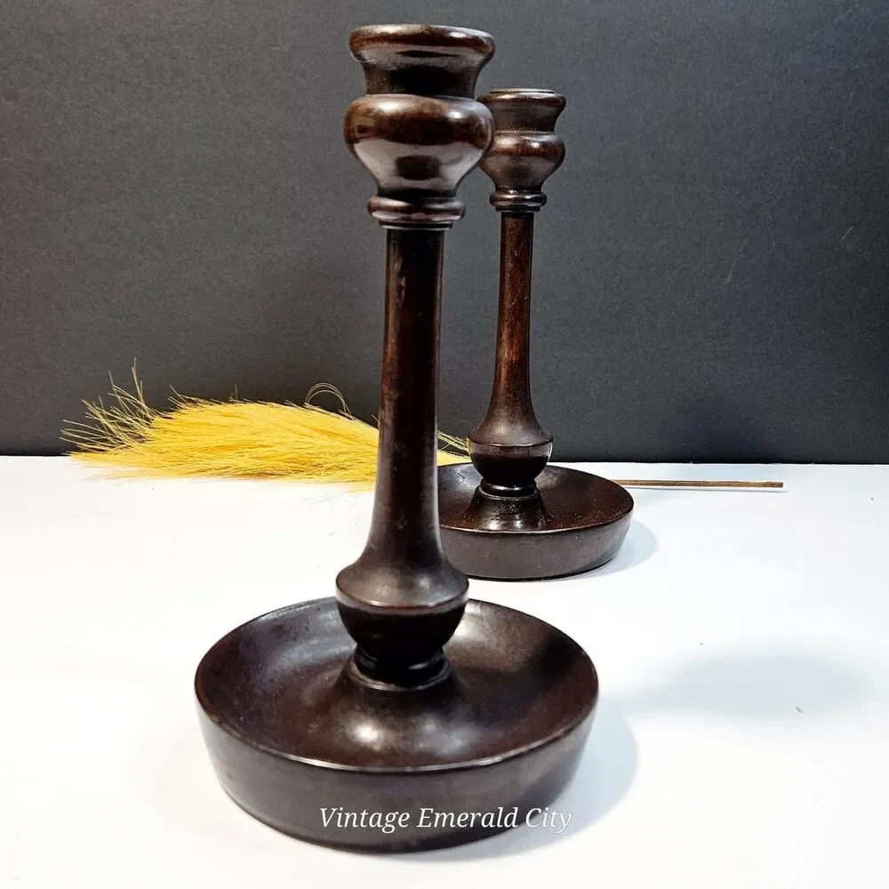 Vtg Candle Holders Turned Wood Set of 2 Brass Inserts Felted Base 9 inch READ